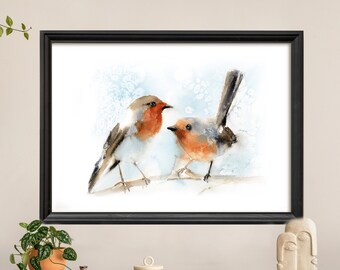 Two Robin Birds Painting, Bird Watercolor Print, Horizontal Canvas Wall Print, Bird Wall Art, Nature Wall Decor, Birds Print on Canvas