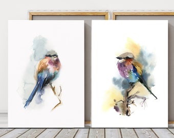 Tropical Birds 2 Canvas Prints Set, Lilac Breasted Roller Painting, Bird Watercolor Illustration, Colorful Bird Prints Wall Set on Canvas