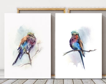 Lilac Breasted Roller Canvas 2 Prints Set, Gallery Wall 2 Pieces Wall Decor, Bird Illustration, Tropical Bird Painting, Watercolor Prints