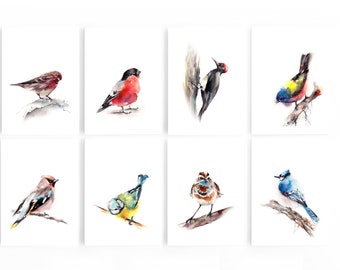 Birds Watercolor Prints Gallery Wall 8 Pieces Set, Birds Painting, Woodland Nature Wall Decor Prints, Bird Art Prints, Fine Art Prints Set