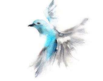 Flying Tanager Art Print, Bird Watercolor, Bird Fine Art Print, Bird Wall Art, Sky Blue Bird Print, Nature Wall Decor, Bird Watercolor
