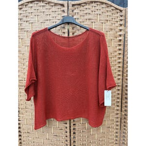 May include: A rust-coloured, loose-fitting knit top with a wide, rounded neckline and short, wide sleeves. The garment features a semi-sheer, lightweight texture and a straight hemline, displayed on a black plastic hanger with a white retail tag attached.