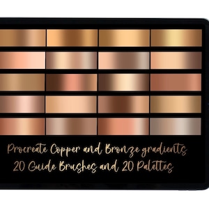 May include: A digital tablet screen displaying 20 copper and bronze gradient swatches. The text "Procreate Copper and Bronze gradients 20 Guide Brushes and 20 Palettes" is displayed on the screen.