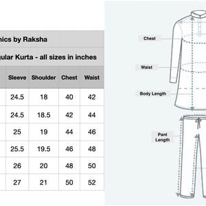 May include: A size chart for men's regular kurtas, with measurements in inches. The chart includes sizes from 36 to 46, detailing body length, sleeve, shoulder, chest, and waist measurements. A diagram illustrates kurta and pant measurements.