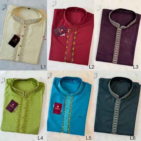 Mens Kurta - Indian Desi Mens wear, Men’s Ethnic Wear, Plain Cotton Linen with front embroidery. Trending design
