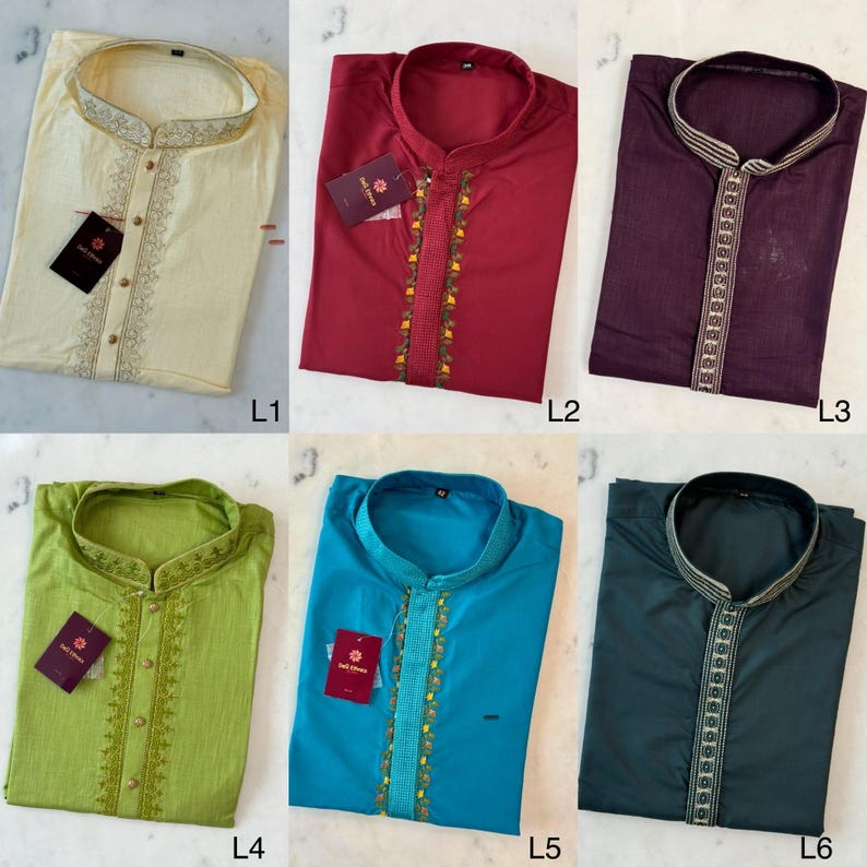 May include: Six folded kurta shirts in various colours: cream, burgundy, purple, green, turquoise, and dark teal. Each shirt features a mandarin collar and decorative embroidery along the placket and collar. The shirts have a tag attached.