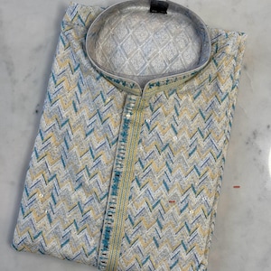Mens Kurta - Indian Desi Mens wear, Men’s Ethnic Wear, Contemporary Kurta, Printed Sequence with Chikankari embroidered kurta