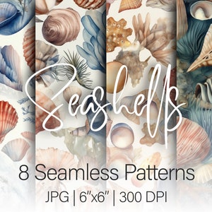 Op de afbeelding: Acht naadloze patronen met aquarel illustraties van schelpen in verschillende kleuren en vormen. De patronen zijn op een witte achtergrond en bevatten koraal, zeewier en andere oceaan-thema elementen. De tekst "Seashells" is geschreven in witte cursieve letters over de patronen. De tekst "8 Seamless Patterns" is geschreven in zwart onder de patronen. De tekst "JPG | 6"x6" | 300 DPI" is geschreven in zwart onder de tekst "8 Seamless Patterns".