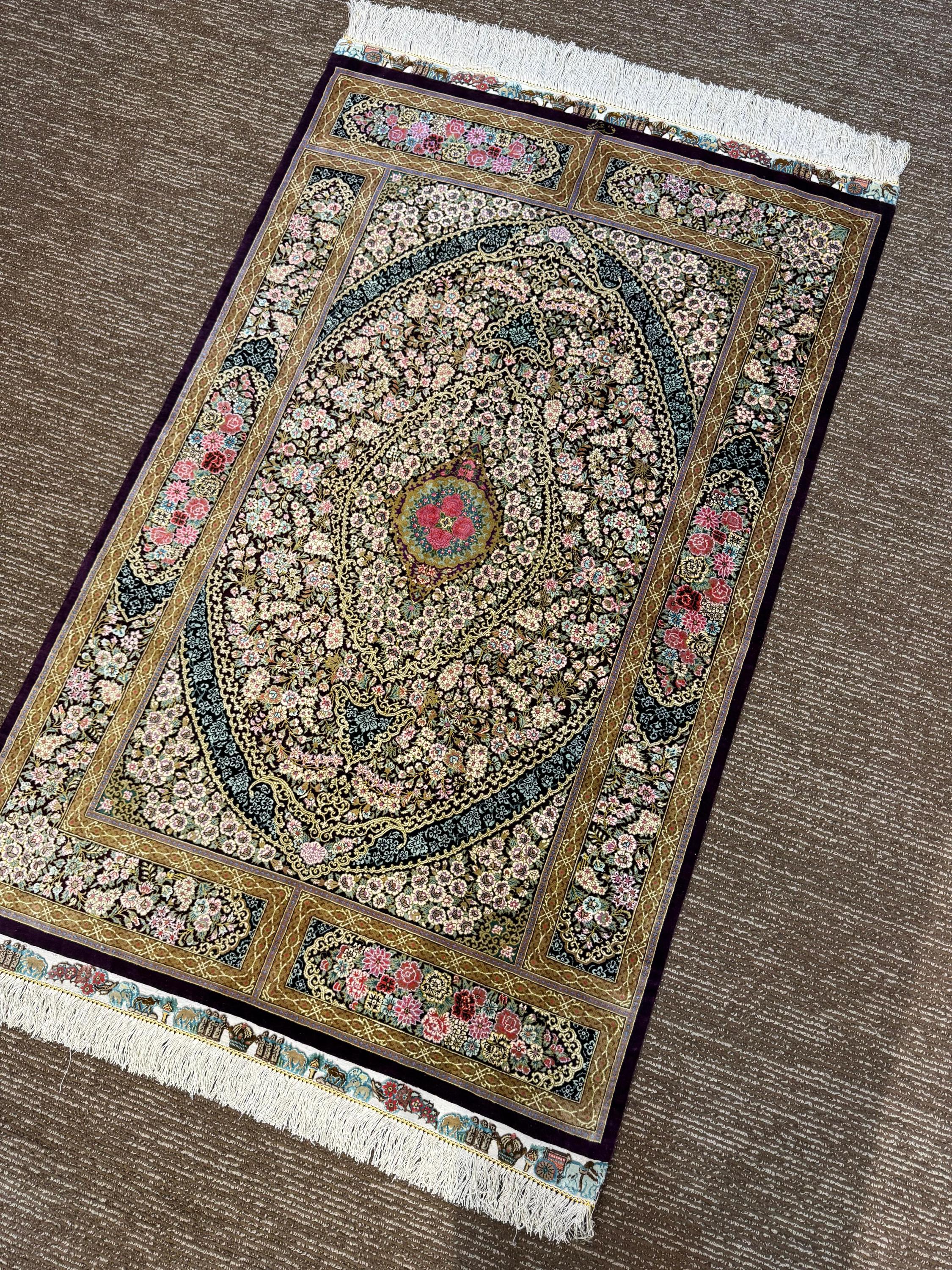 豪華な最高品質のペルシャクムシルクラグ/サイズ:40x65cm…。 . kp3