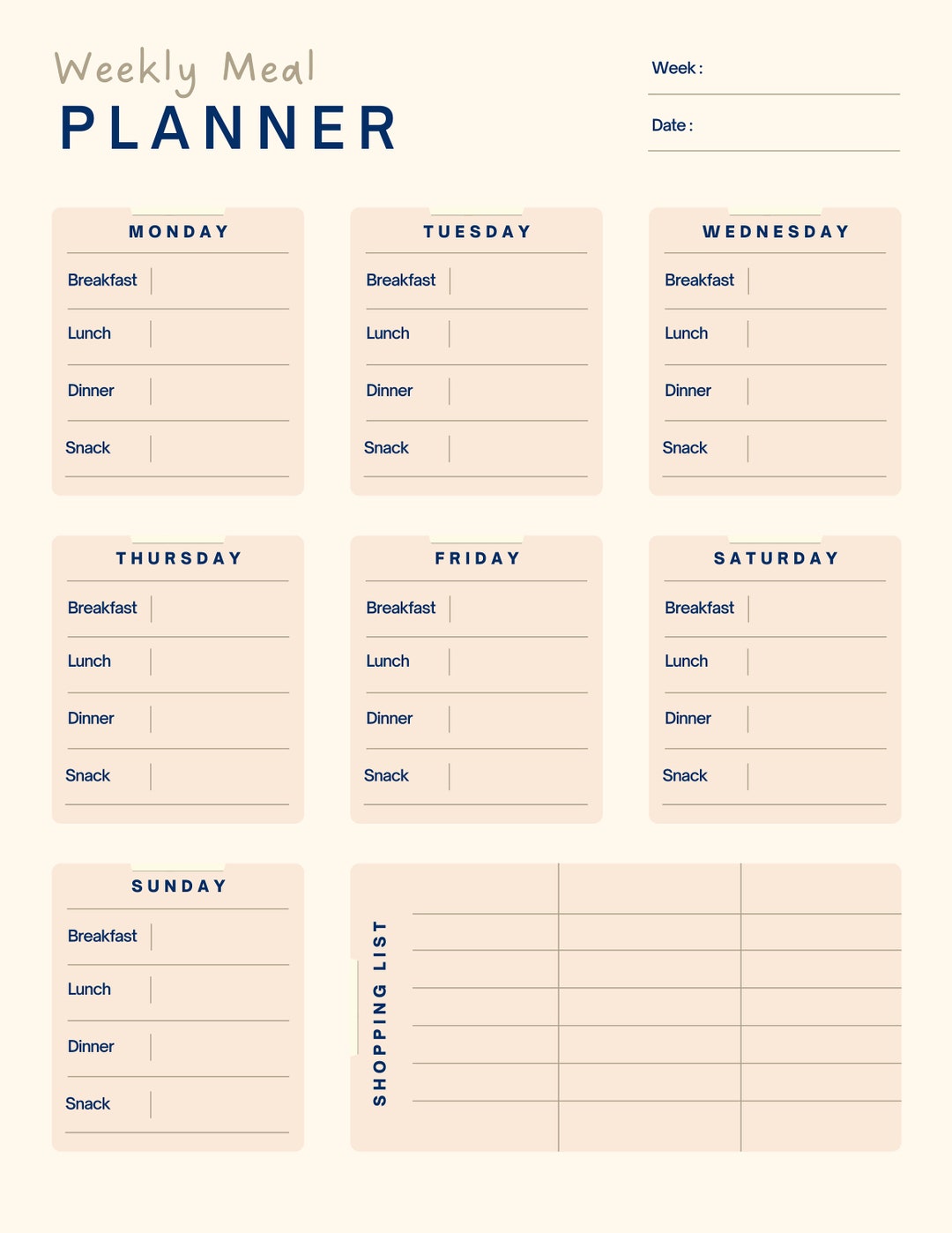 Printable Meal Planner With Shopping List - Etsy