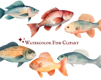 Akvarell fisk Clipart - 18 PNG-bilder - Vattenlevande liv - Fiskillustrationer - Direkt nedladdning - Kommersiell användning - Hav Clipart