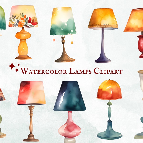 Watercolor Lamps Clipart - 21 PNG Images - Nightstand Lamps - Table Lamps - Home Decor - Instant Download - Commercial Use