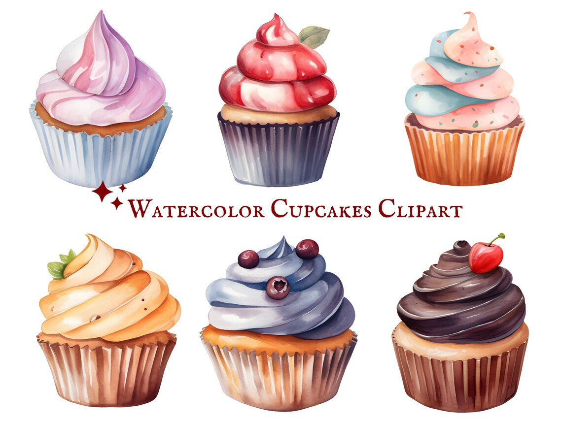Watercolor Cupcakes Clipart - 38 PNG Graphics - Instant Download ...