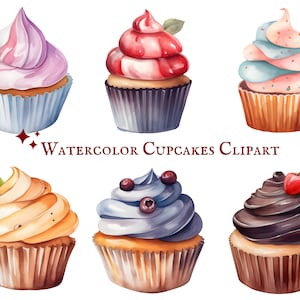 Watercolor Cupcakes Clipart - 38 PNG Graphics - Instant Download - Commercial Use - Digital Art Collection - Food Clipart - Dessert Clipart