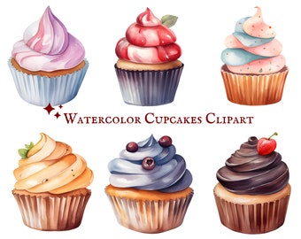 Acuarela Cupcakes Clipart - 38 gráficos PNG - Descarga instantánea - Uso comercial - Colección de arte digital - Clipart de alimentos - Clipart de postre