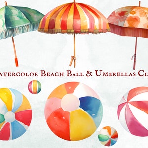 Watercolor Beach Balls & Umbrellas Clipart - 28 PNG Graphics - Instant Download - Commercial Use - Digital Art Collection