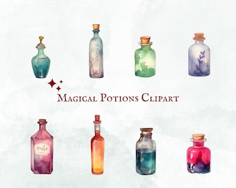Imágenes Prediseñadas de pociones mágicas de acuarela - 27 imágenes PNG - Descarga instantánea - Uso comercial - Botellas de pociones - Arte de fantasía - Imágenes prediseñadas de brujas