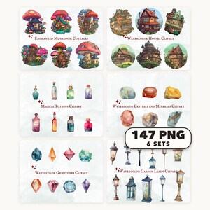 Cottagecore-Hexen-Clipart-Bundle – 147 PNG-Bilder – 6 Sets – Pilzhütten, Zaubertränke, Kristalle – Sofort-Download – Kommerzielle Nutzung