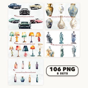 May include: A digital collection of 106 watercolour clipart images across 5 sets, featuring vintage Cadillac cars, Japanese kintsugi vases, various table lamps, classical statues, and glass bottles, all presented with their respective titles.