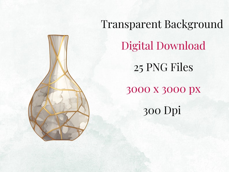 Kintsugi Transparency Japanese Kintsugi Vases Watercolor Clipart - 25 PNG Graphics - Instant ...