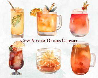 Clipart de bebidas de outono em aquarela - 27 gráficos PNG - Download instantâneo - Uso comercial - Coleção de arte digital - Clipart de bebidas