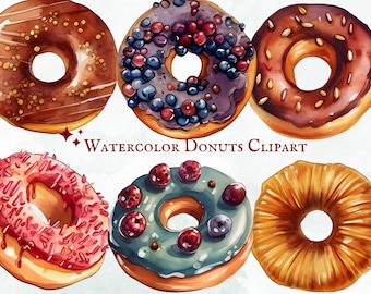 Watercolor Donuts Clipart - 30 PNG Graphics - Instant Download - Commercial Use - Digital Art Collection