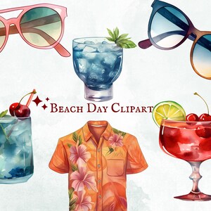 Watercolor Beach Day Clipart - Cocktails, Sunglasses & Hawaiian Shirts - 25 PNG Graphics - Instant Download - Commercial Use