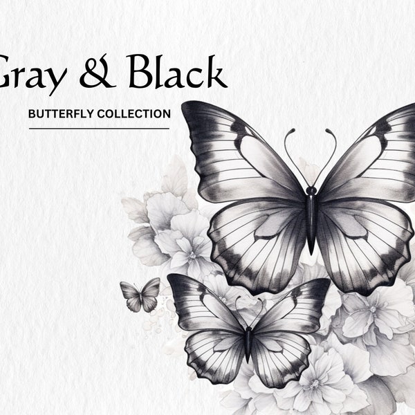 Watercolor Butterflies Gray and Black Clipart Bundle - watercolor butterflies gray black 8 PNG instant digital download for commercial use