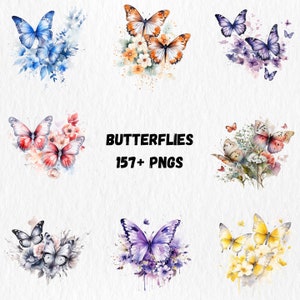 K&ouml;nnte beinhalten: Aquarellillustrationen von Schmetterlingen in verschiedenen Farben, darunter Blau, Orange, Lila und Gelb, mit floralen Akzenten. Das Bild enth&auml;lt den Text "BUTTERFLIES 157+ PNGS".