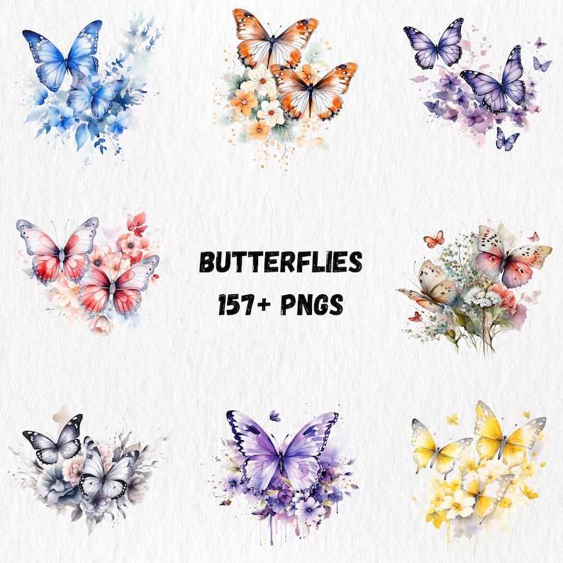 K&ouml;nnte beinhalten: Aquarellillustrationen von Schmetterlingen in verschiedenen Farben, darunter Blau, Orange, Lila und Gelb, mit floralen Akzenten. Das Bild enth&auml;lt den Text "BUTTERFLIES 157+ PNGS".