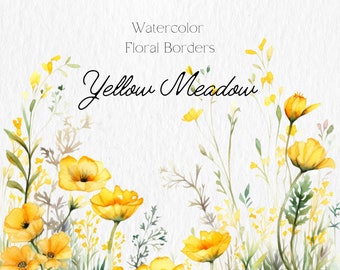 Watercolor Floral Clipart -  Yellow Meadow flowers png - Wildflowers floral clipart - Floral border set - clipart - Digital clipart PNG