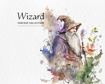 Watercolor Wizard Clipart – Fantasy Illustration PNG Bundle (Digital Download)