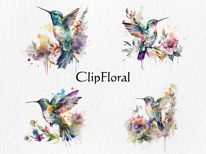 Puede incluir: Cuatro ilustraciones de acuarela de colibr&iacute;es con colores vibrantes y detalles florales. Cada colibr&iacute; est&aacute; posado en una rama con flores y hojas. El fondo es un blanco suave con salpicaduras de acuarela.