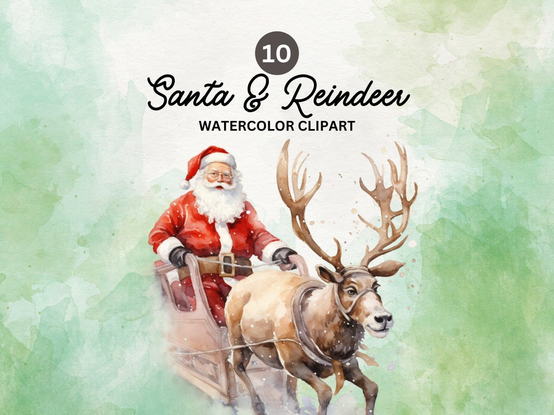 Santa & Reindeer Clipart: Christmas Watercolor Pngs (digital Download ...