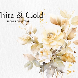 Aquarell Weiß & Gold Floral Clipart Bundle - Aquarell Hochzeit erhaben floral 8 PNG-Format sofortiger digitaler Download für kommerzielle Nutzung