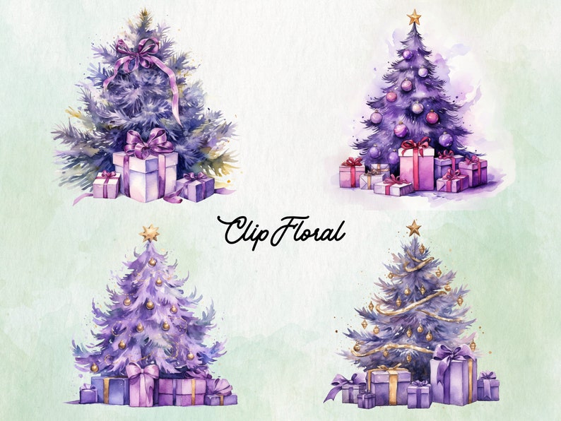 Puede incluir: Cuatro ilustraciones de acuarela de &aacute;rboles de Navidad morados decorados con adornos morados, cinta dorada y cajas de regalo moradas. Los &aacute;rboles est&aacute;n sobre un fondo verde claro.