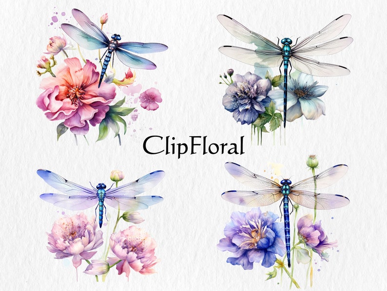 Puede incluir: Cuatro ilustraciones de acuarela de lib&eacute;lulas con alas delicadas y cuerpos azules, cada una posada sobre un grupo de flores rosas o moradas. Las flores tienen p&eacute;talos suaves y hojas verdes. El fondo es gris claro.