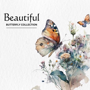 Paquete de imágenes prediseñadas de mariposas de acuarela - descarga digital instantánea en formato PNG de 8 mariposas hermosas de acuarela para uso comercial
