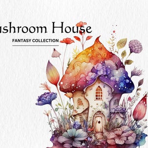 Watercolor Mushroom House Fantasy Clipart Bundle - watercolor mushroom house fantasy PNG format instant digital download for commercial use