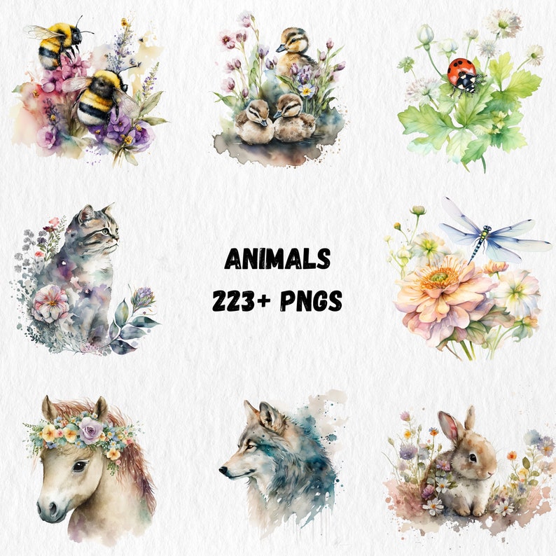 K&ouml;nnte beinhalten: Aquarellillustrationen verschiedener Tiere, darunter Bienen, Entenk&uuml;ken, eine Katze, eine Libelle, ein Pferd, ein Wolf und ein Kaninchen, umgeben von Blumen. Das Wort "TIERE" wird mit dem Text "223+ PNGS" angezeigt.