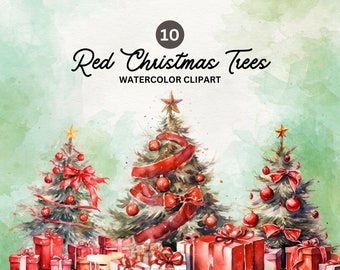 Árbol de Navidad rojo: Imágenes PNG de acuarela (descarga digital)