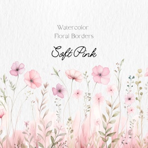 Watercolor Floral Clipart -  Soft Pink flowers png - Wildflowers floral clipart - Floral border set - Wedding clipart - Digital clipart PNG