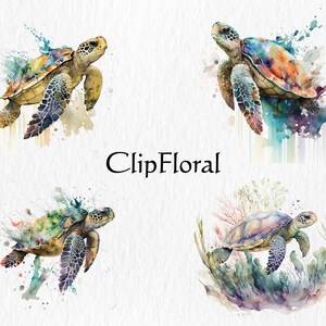 以下が含まれることがあります： 異なるポーズをとったウミガメの水彩画4点。カメは青、緑、茶色の色合いで描かれており、周りに色の飛沫が描かれている。画像の下部に黒い文字で「ClipFloral」と書かれている。