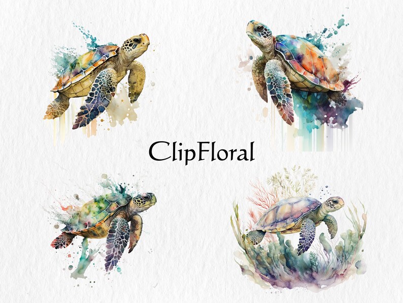 以下が含まれることがあります： 異なるポーズをとったウミガメの水彩画4点。カメは青、緑、茶色の色合いで描かれており、周りに色の飛沫が描かれている。画像の下部に黒い文字で「ClipFloral」と書かれている。
