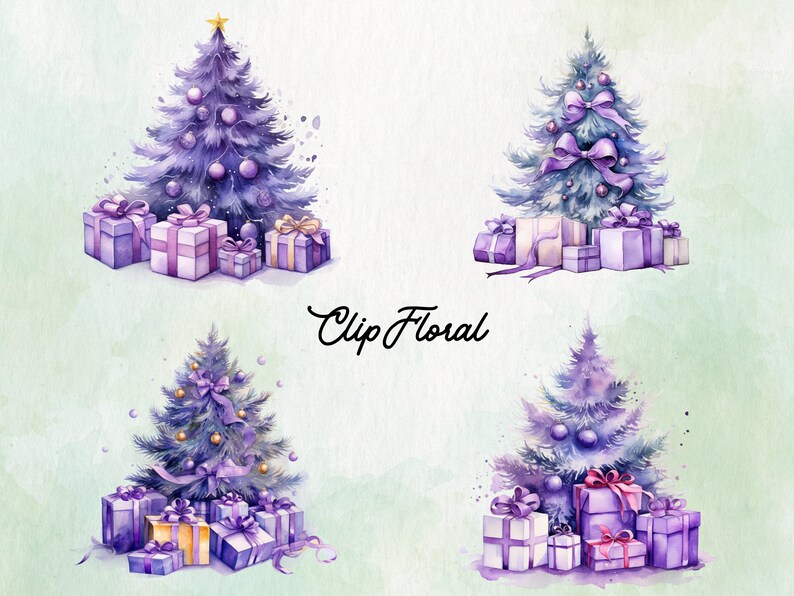 Puede incluir: Cuatro ilustraciones de acuarela de &aacute;rboles de Navidad morados con cajas de regalo moradas y blancas debajo. Los &aacute;rboles est&aacute;n decorados con lazos morados, estrellas doradas y adornos morados. El texto "Clip Floral" est&aacute; escrito en cursiva morada en el centro inferior de la imagen.