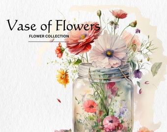 Watercolor Flower Vase Clipart, Floral PNGs (Digital Download)