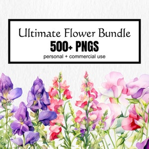 Ultimatives Aquarell-Blumen-Bundle-Pack mit 500+ PNG Clipart und digitalen JPEG-Papieren, Sammelalbum, Junk-Journal, Download, kommerzielle Nutzung