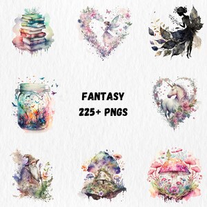 K&ouml;nnte beinhalten: Aquarellillustrationen mit Fantasy-Elementen, darunter ein B&uuml;cherstapel, eine Fee in einem herzf&ouml;rmigen Blumenrahmen, eine dunkle Fee, ein Glas mit Schmetterlingen, ein Einhorn in einem Blumenherz, ein Zauberer, ein Pilzhaus und ein Pilz mit Blumen. Text: "FANTASY 225+ PNGS".