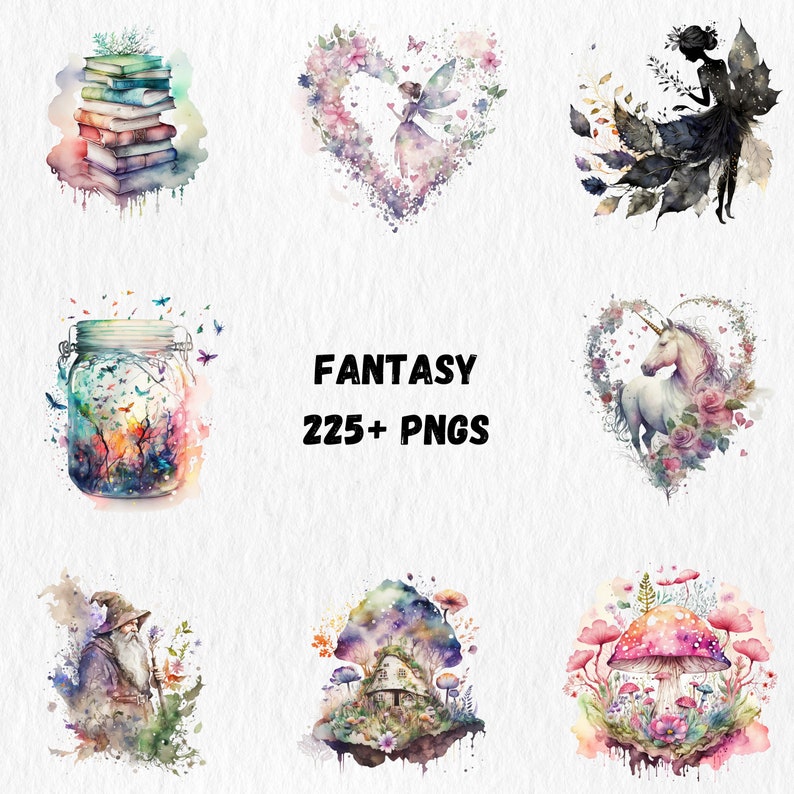 K&ouml;nnte beinhalten: Aquarellillustrationen mit Fantasy-Elementen, darunter ein B&uuml;cherstapel, eine Fee in einem herzf&ouml;rmigen Blumenrahmen, eine dunkle Fee, ein Glas mit Schmetterlingen, ein Einhorn in einem Blumenherz, ein Zauberer, ein Pilzhaus und ein Pilz mit Blumen. Text: "FANTASY 225+ PNGS".