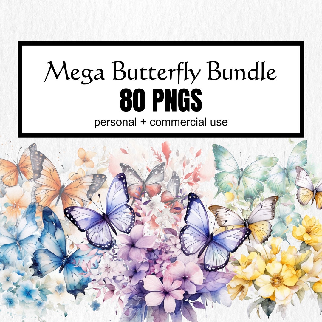 80 Watercolor Butterfly Clipart: Floral PNG Mega Bundle (digital ...